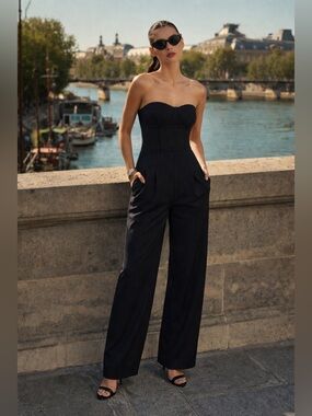 By Anthropologie Black and White Pinstriped Tailored Jumpsuit